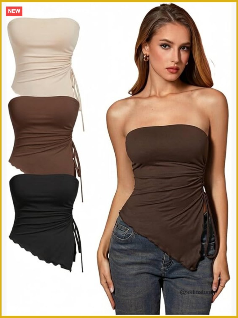 3 Pack Going Out Asymmetrical Tops Drawstring Side Ruched Strapless Tube Top